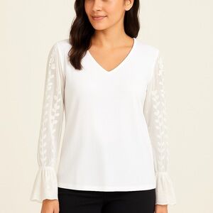 C.O.Z.Y. Soft White Blouse Floral Lace Sleeves Women Size Large